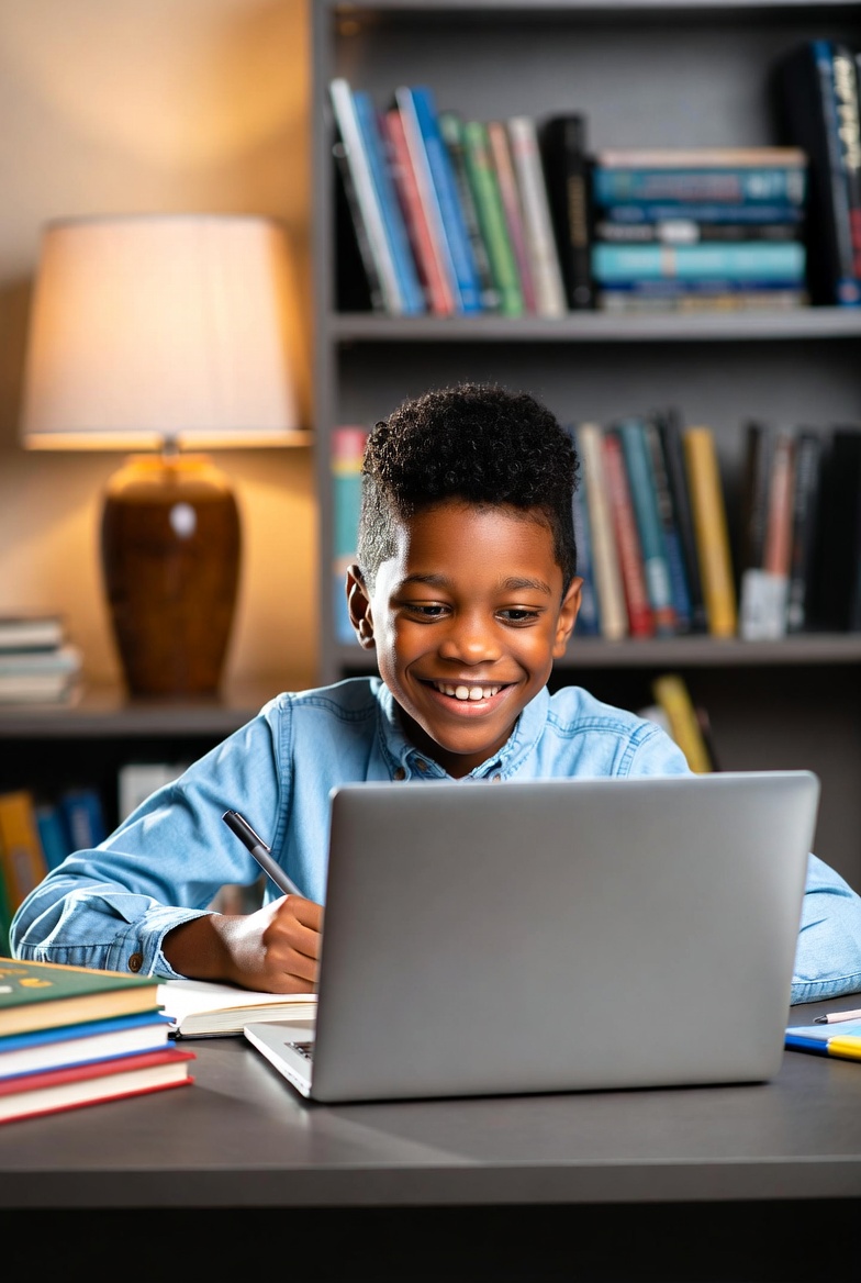 Smiling boy learning online